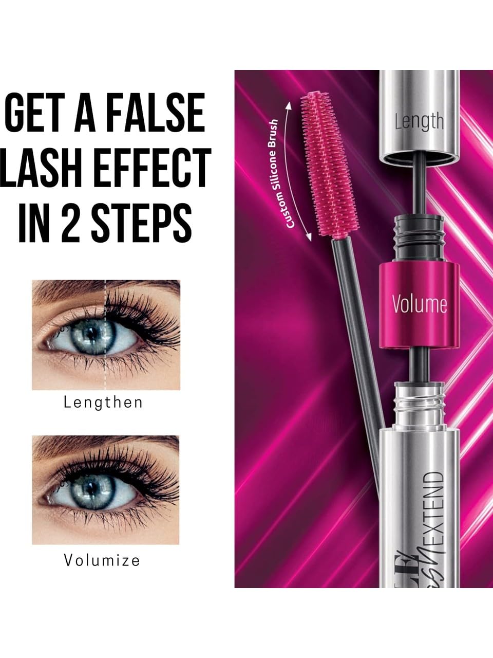 FARMASi 2 PACK Double Lash Extend Mascara, 2-Step Special Brush for Lengthening & Volumizing, False Lash Effect, Buildable Formula, No Clumping, Defines Eyelashes, Intense Black