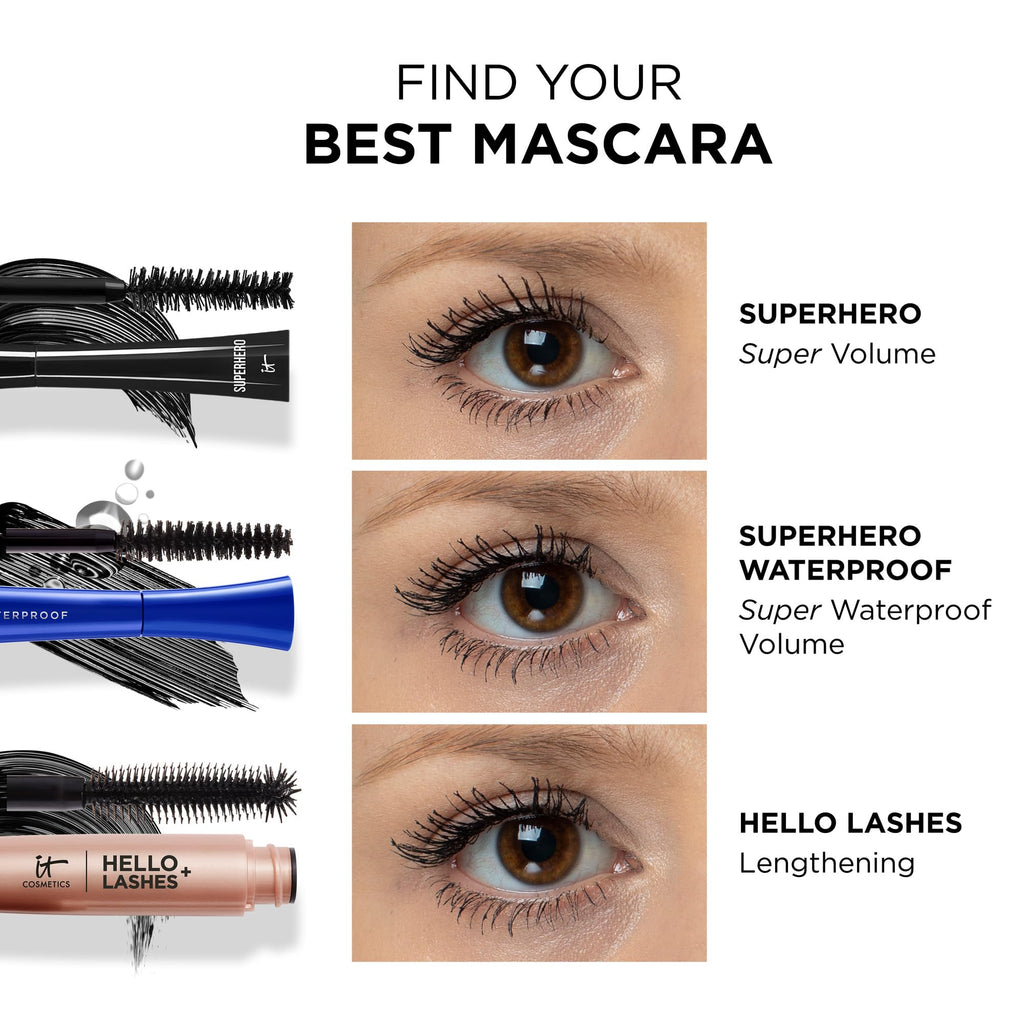 IT Cosmetics Superhero Mascara Black – Volumizing & Lengthening, Buildable Volume, Hydrolyzed Collagen, Biotin, Peptides, Lifting & Curling Formula, Super Black Pigment, Suitable for Sensitive Eyes